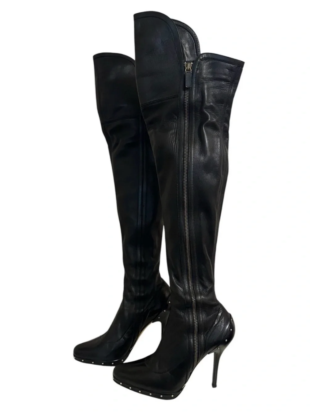 GUCCI TOM FORD FW 2003 Black Nappa Leather Studded OTK Thigh High Boots 37.5